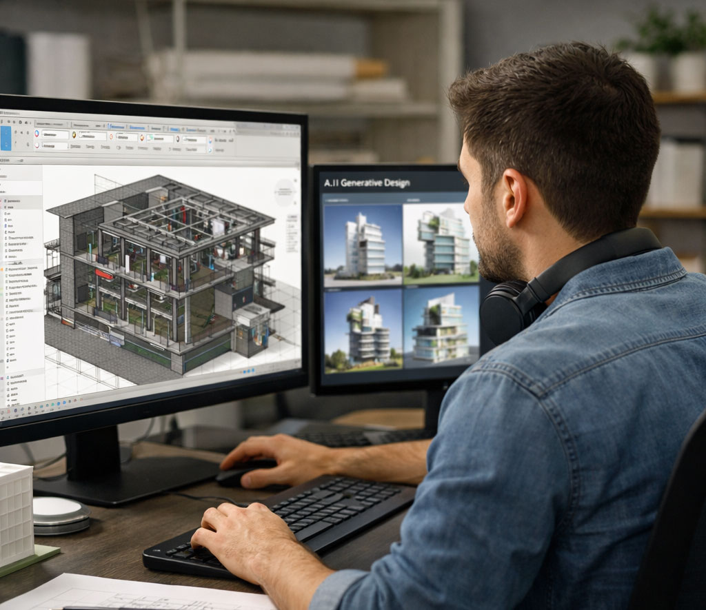 Arquitecto trabajando en Revit con modelo BIM 3D en entorno profesional aplicando inteligencia artificial