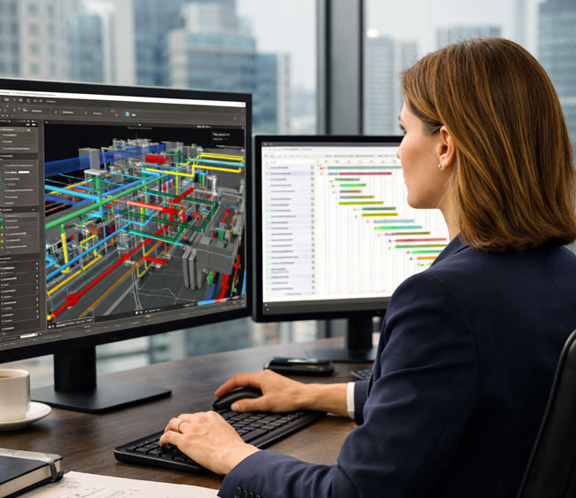 BIM Manager coordinando proyecto con Navisworks y planificación BIM en entorno profesional con inteligencia artificial