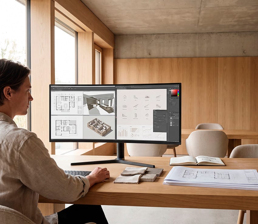 Arquitecto o Interiorista con IA trabajando en un estudio