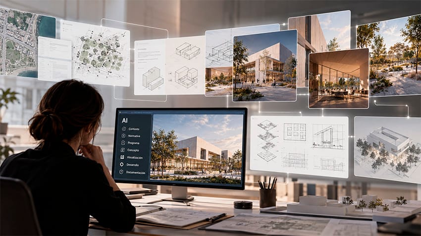 Chica en estudio viendo cómo Integrar IA en un proyecto arquitectónico 