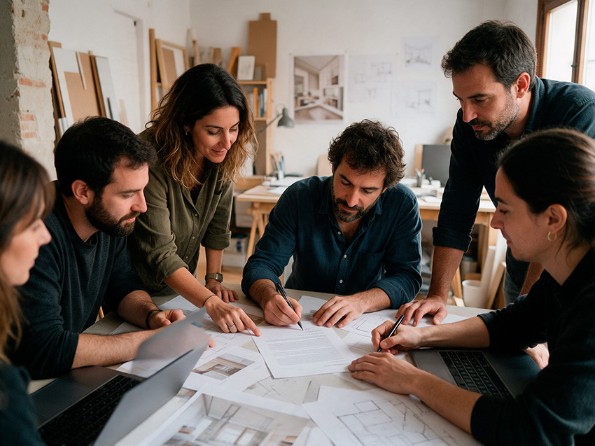 Alfabetización en IA y AI Act: qué deben saber los arquitectos e interioristas 5 Equipo de un estudio revisando y firmando su política de uso de IA a consecuencia Alfabetización IA